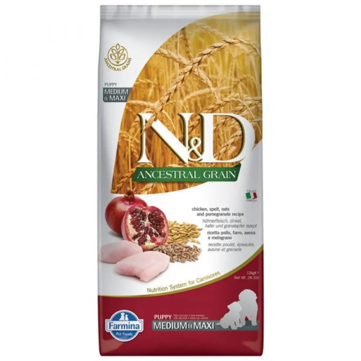N&D Ancestral Grain Puppy Medium/Maxi, M-XL, Pui si Rodie, hrana uscata continut redus cereale caini junior, 12kg - Image 2