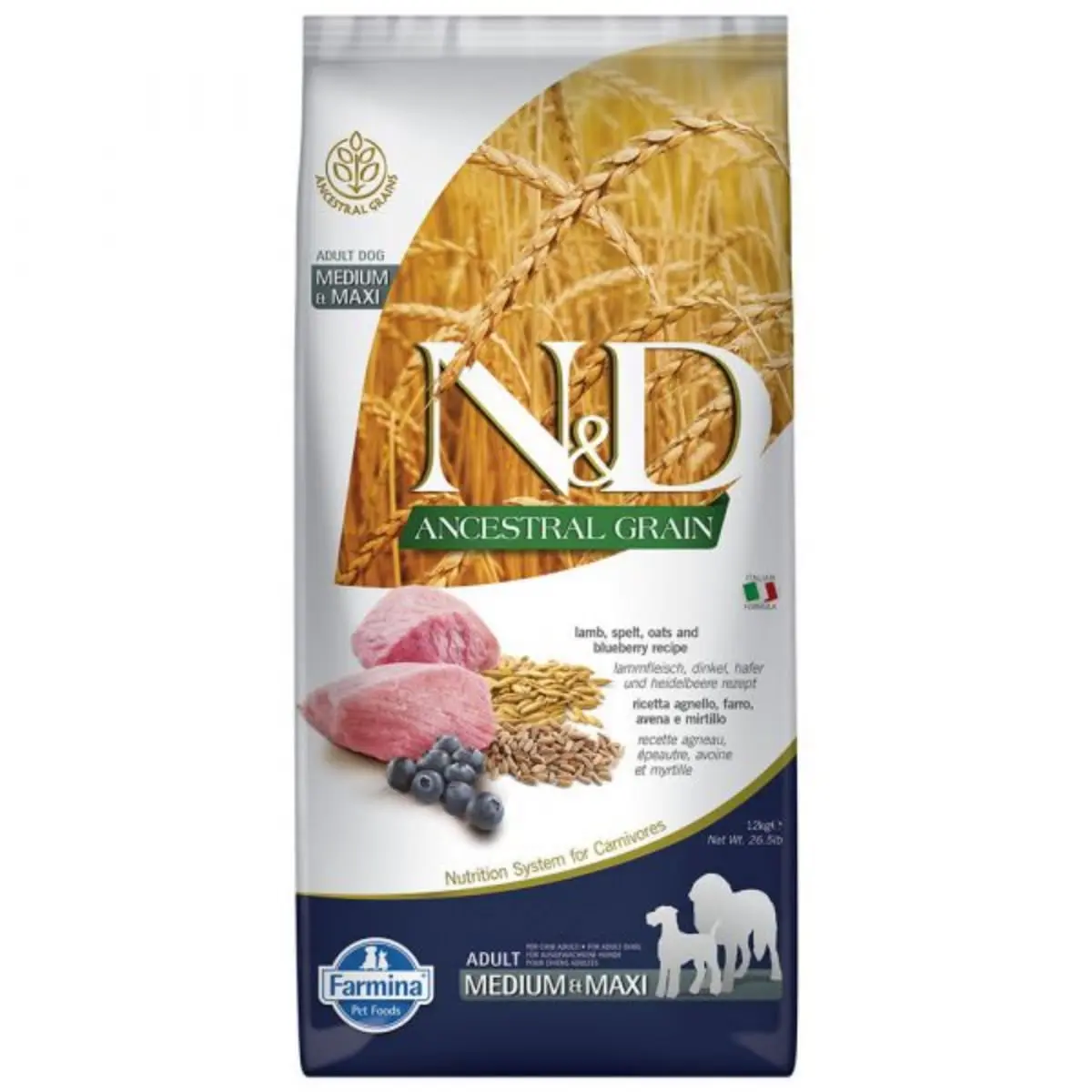 N&D Ancestral Grain Adult Medium/Maxi, M-XL, Miel si afine, hrana uscata continut redus cereale caini, 12kg - Image 2