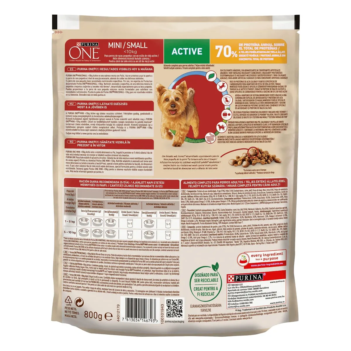 PURINA One Mini Active, Pui cu Orez, hrana uscata caini, activitate intensa, 800g - Image 3