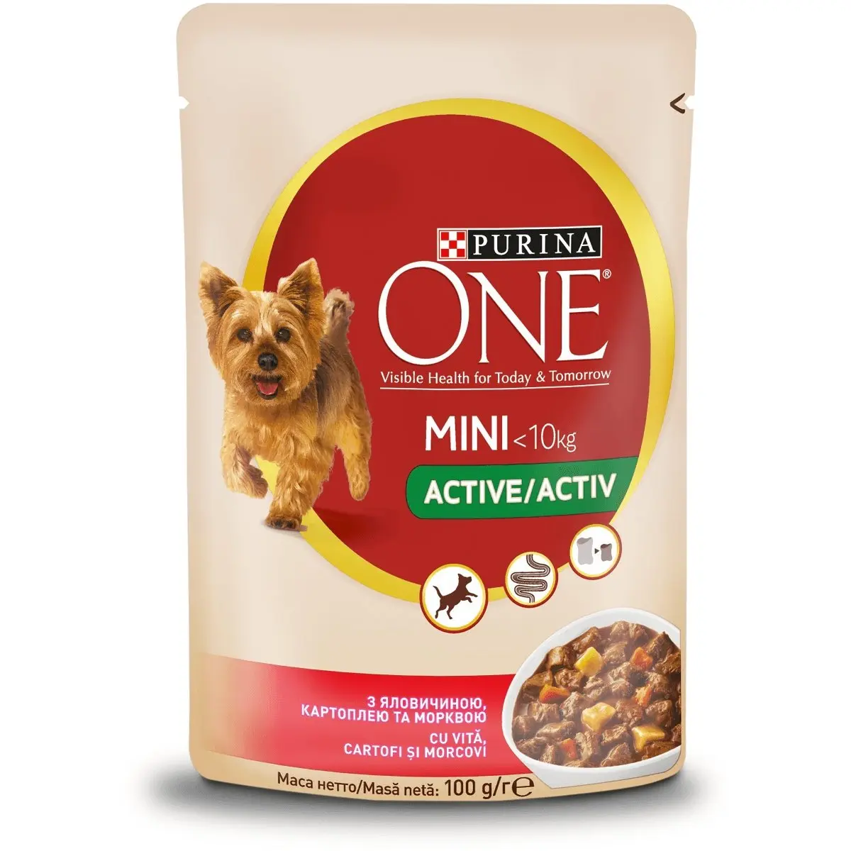 PURINA One Mini Active, Vita cu Cartofi, hrana umeda caini, activitate intensa, (in sos) PURINA One Mini Active, Vita cu Cartofi, plic hrana umeda caini, activitate intensa, (in sos), 85g