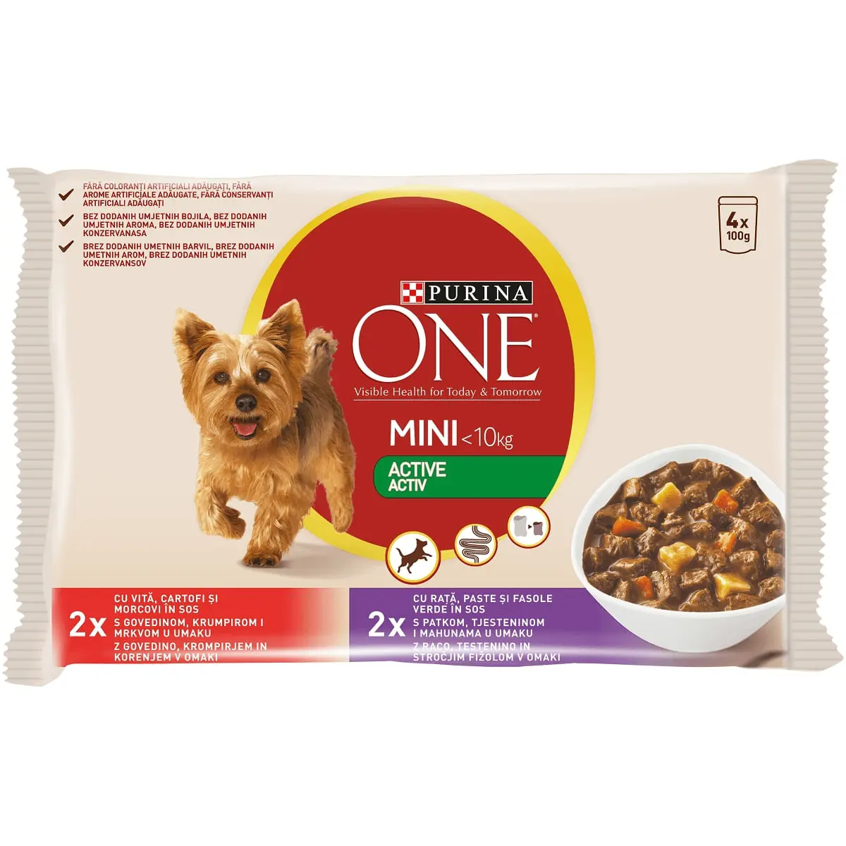 PURINA One Mini Active, 2 arome, multipack plic hrana umeda caini, activitate intensa, (in sos), 100g x 4 PURINA One Mini Active, 2 arome, multipack plic hrana umeda caini, activitate intensa, (in sos), 85g x 4 - Image 2