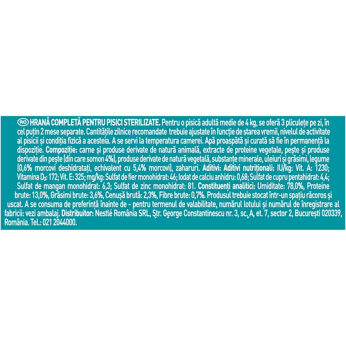 PURINA One Sterilcat, Somon cu Morcov, plic hrana umeda pisici sterilizate, (in sos), 85g - Image 2