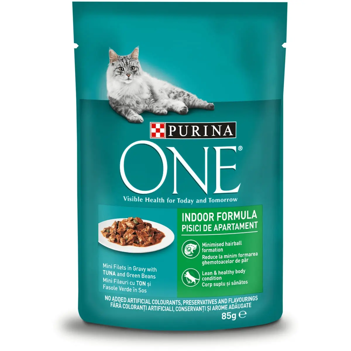 PURINA One Indoor, Ton cu Fasole Verde, plic hrana umeda pisici, (in sos), 85g