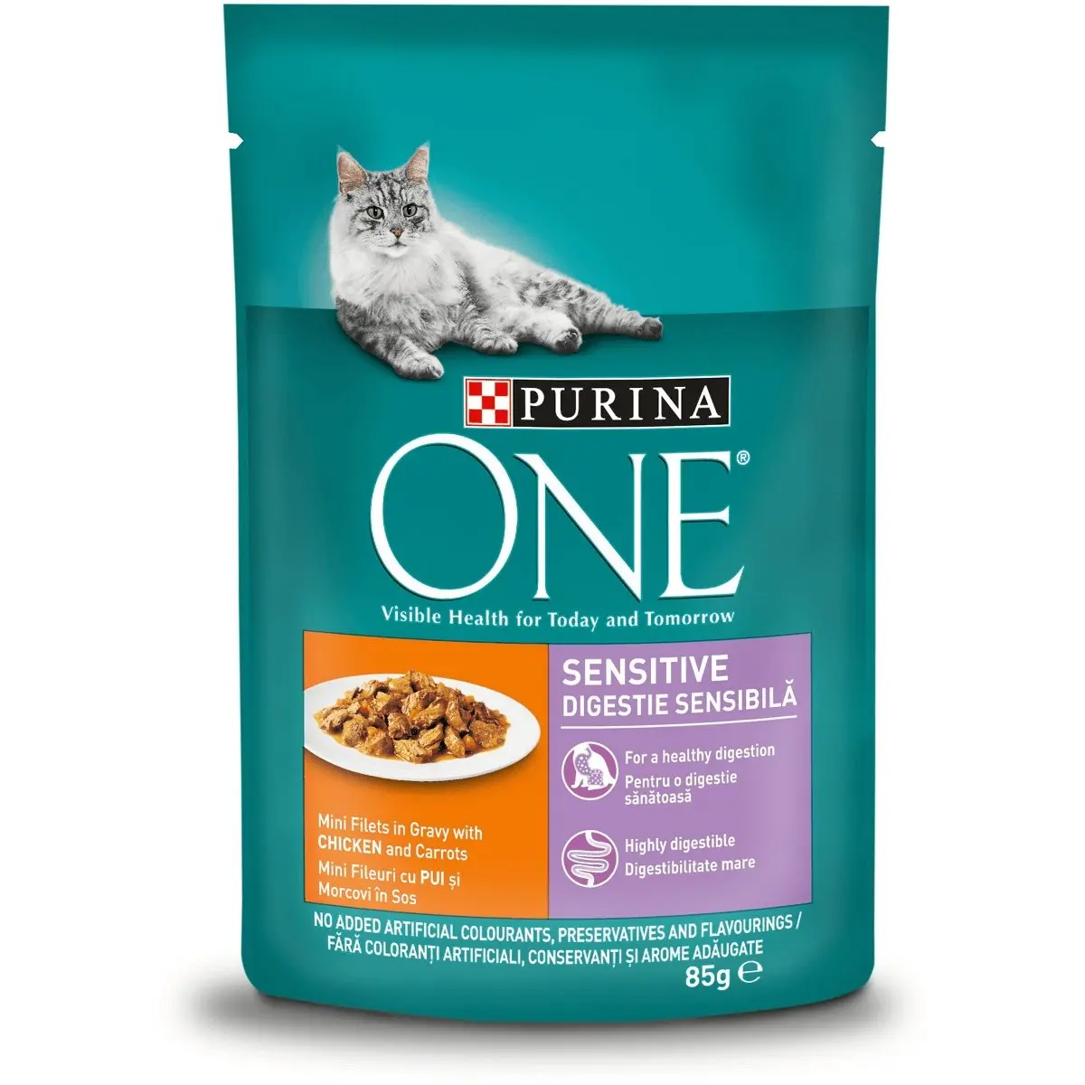 PURINA One Sensitive, Pui cu Morcov, hrana umeda pisici, sensibilitati digestive, (in sos) PURINA One Sensitive, Pui cu Morcov, plic hrana umeda pisici, sensibilitati digestive, (in sos), 85g