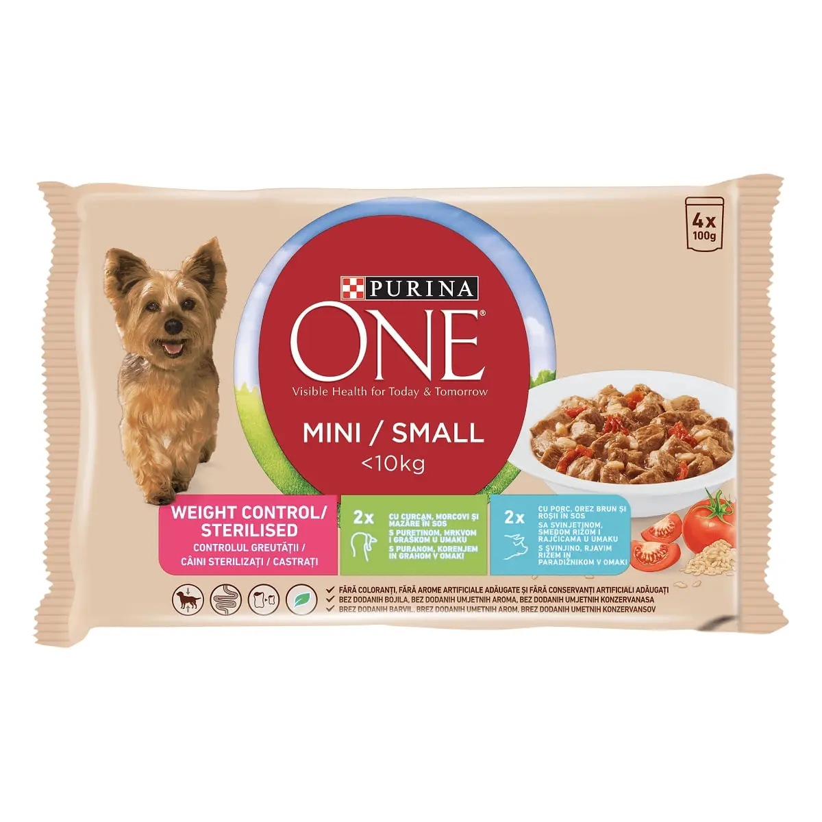 PURINA One Mini Controlul Greutatii, 2 arome, mulipack plic hrana umeda caini, (in sos), 100g x 4 PURINA One Mini Controlul Greutatii, 2 arome, mulipack plic hrana umeda caini, (in sos), 85g x 4 - Image 2