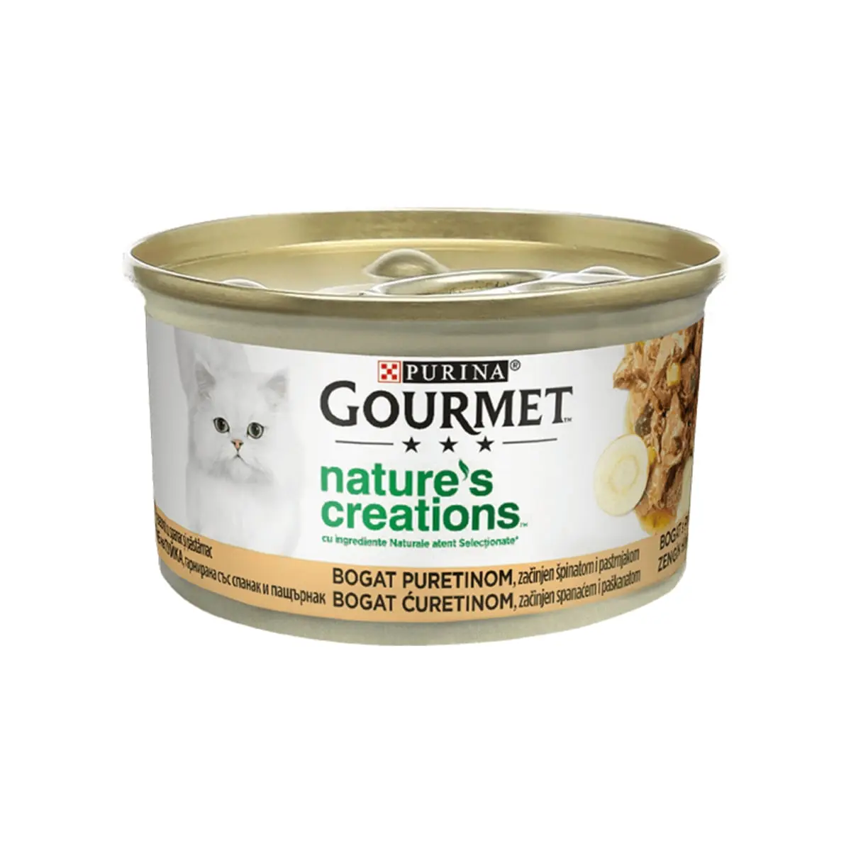 PURINA Gourmet Nature's Creations, Curcan cu Pastarnac si Spanac, conserva hrana umeda pisici, 85g