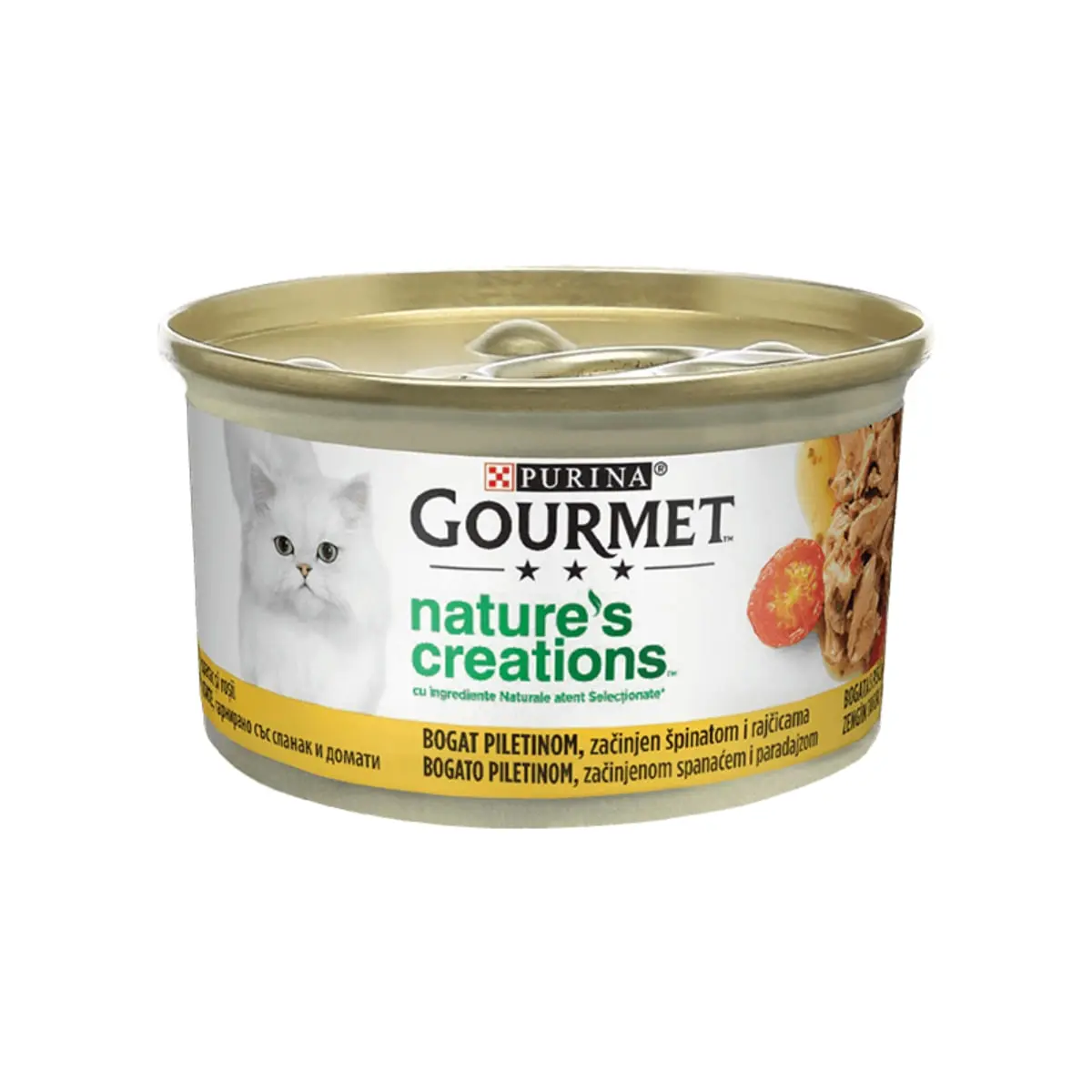 PURINA Gourmet Nature's Creations, Pui cu Spanac si Rosii, conserva hrana umeda pisici, 85g