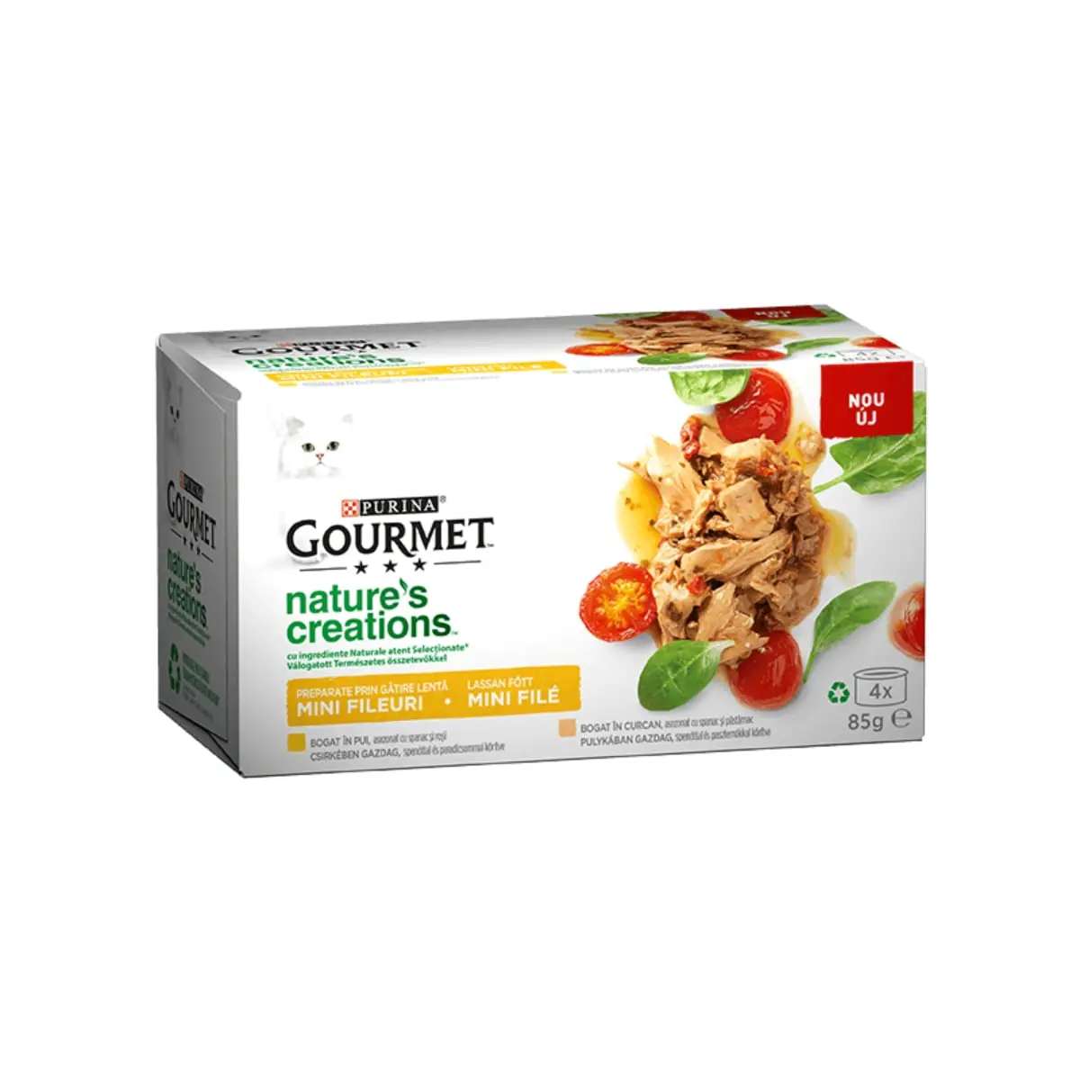 PURINA Gourmet Nature's Creations, 2 arome (Pui cu Spanac, Curcan cu Pastarnac), pachet mixt, conserva hrana umeda pisici, 85g x 4 - Image 4