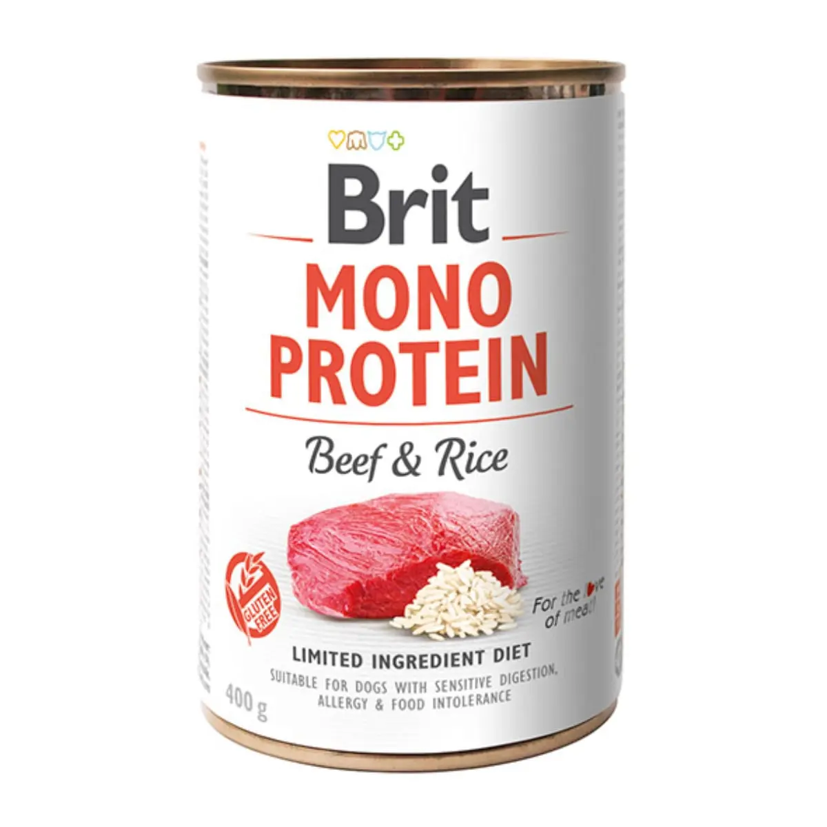 BRIT Mono Protein, Vita cu Orez brun, conserva hrana umeda monoproteica continut redus cereale caini, (pate), 400g