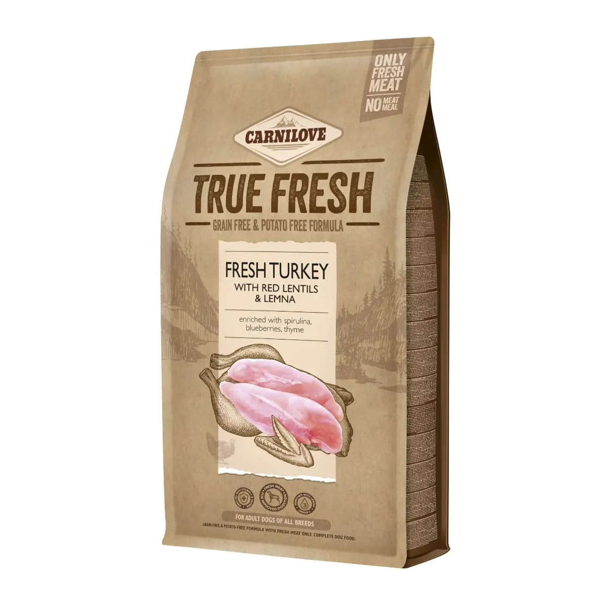 CARNILOVE True Fresh Adult S-XL, Curcan proaspat cu linte rosie, hrana uscata fara cereale caini, 1.4kg