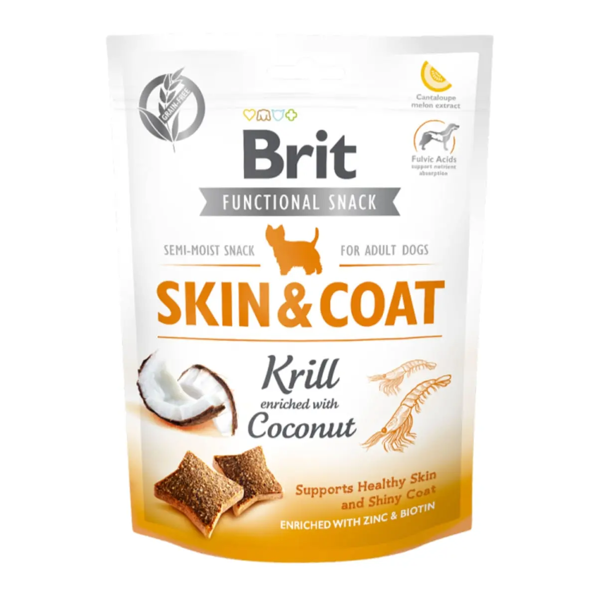 BRIT Care Functional Snack Skin & Coat, Krill cu Nuca de cocos, recompense funtionale fara cereale caini, piele si blana, 150g