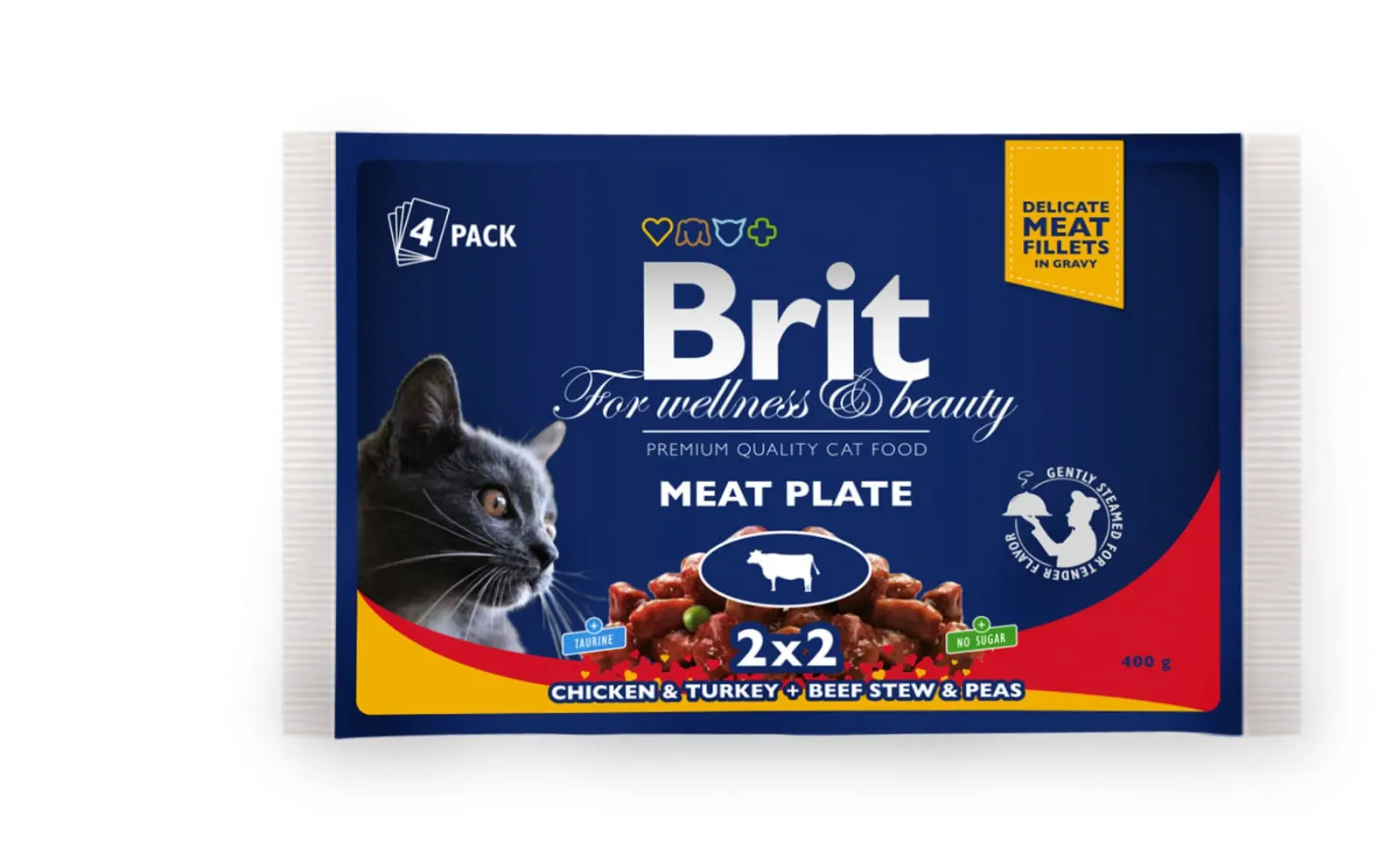 BRIT Premium Multipack Meat Plate, 2 arome, pachet mixt, plic hrana umeda pisici, (in sos), 100g x 4