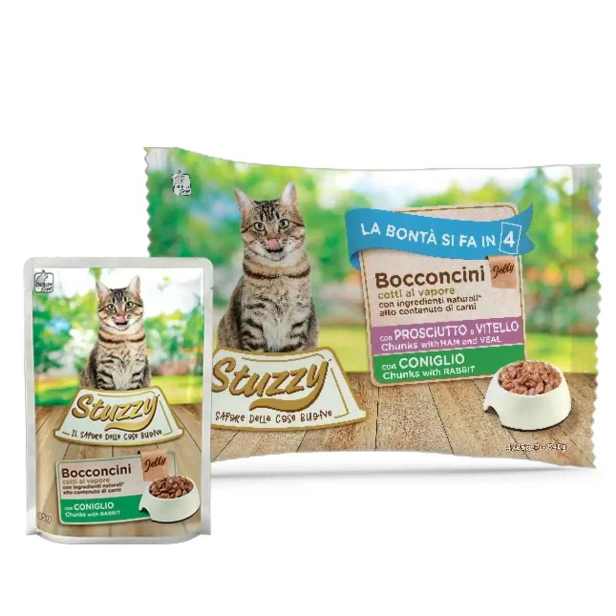 STUZZY Chunks Pack, Sunca, Vitel si Iepure, plic hrana umeda pisici, (in aspic), multipack, 85g x 4buc