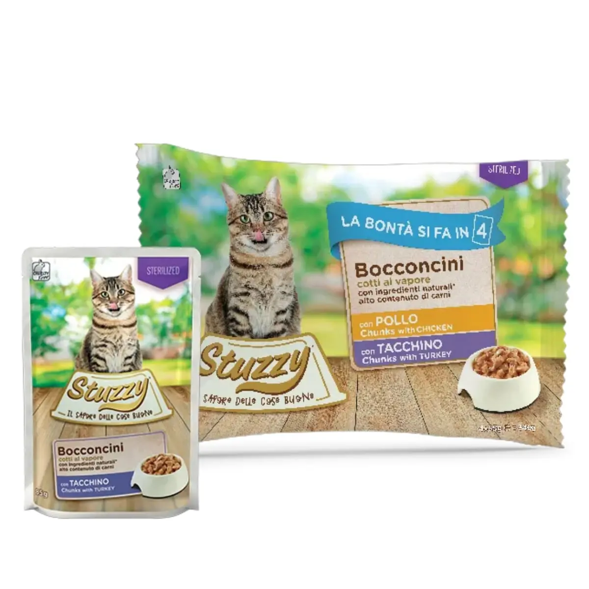 STUZZY Chunks Pack Sterilised, Pui si Curcan, plic hrana umeda pisici sterilizate, (in sos), multipack, 85g x 4buc