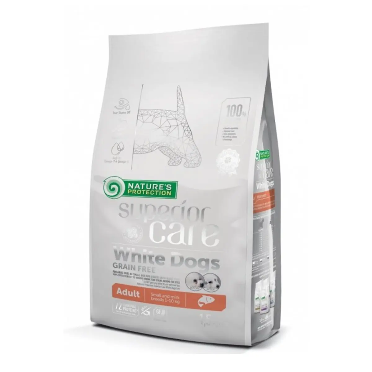 NATURES PROTECTION Superior Care White Dogs Small&Mini, Somon, hrana uscata fara cereale caini, reducerea petelor maronii la cainii albi, 1.5kg