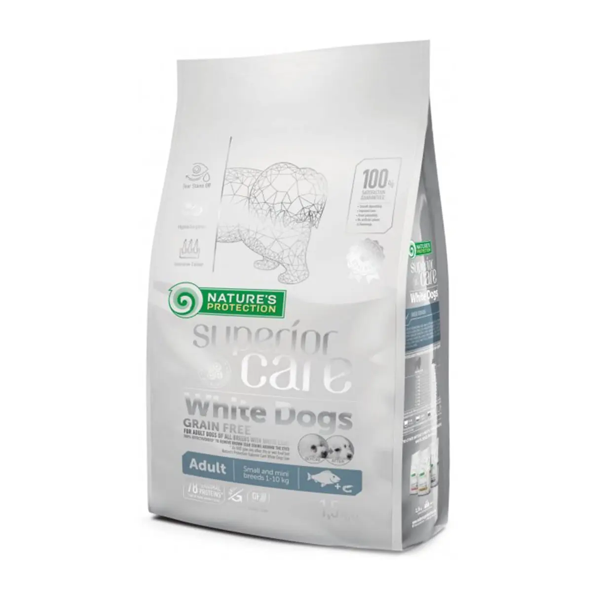 NATURES PROTECTION Superior Care White Dogs Small&Mini, Peste Alb, hrana uscata fara cereale caini, reducerea petelor maronii la cainii albi, 1.5kg