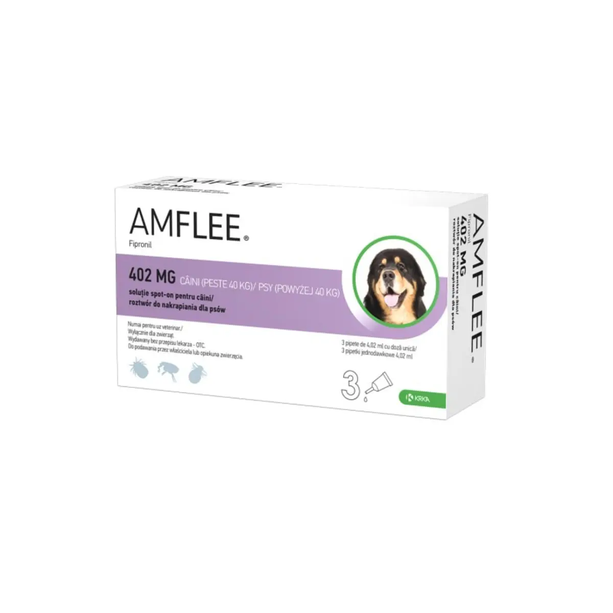 AMFLEE Dog, spot-on, solutie antiparazitara, caini, 3 pipete AMFLEE Dog, spot-on, solutie antiparazitara, caini 40-60 kg, 3 pipete