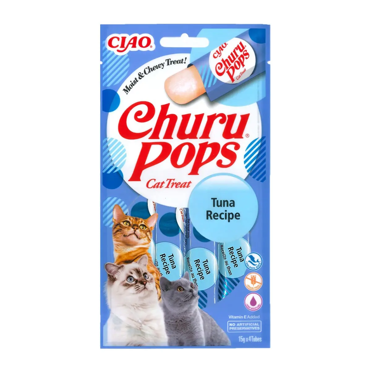 INABA CIAO Churu Pops, Ton, recompense lichide monoproteice fara cereale pisici, topping pate, 15g x 4