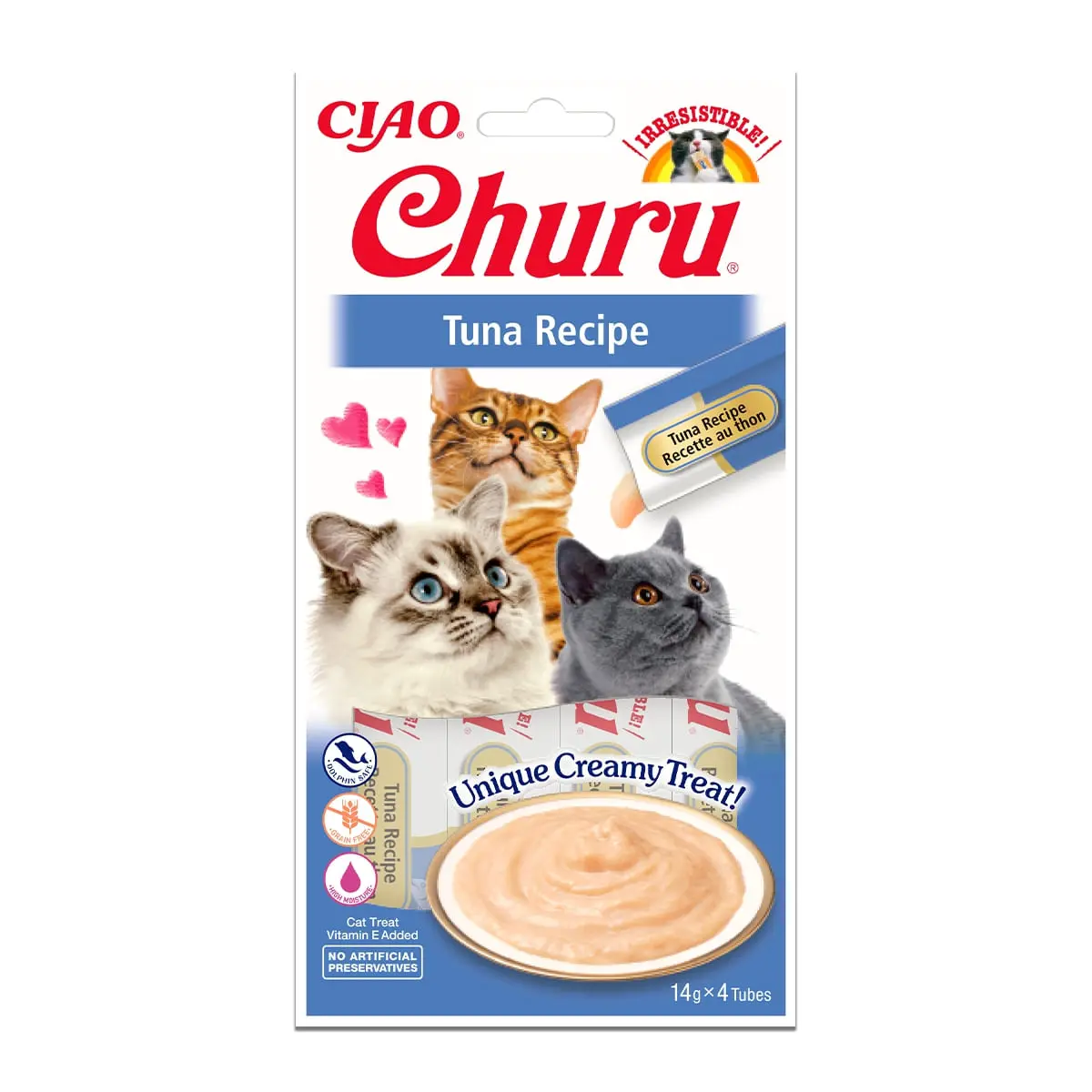 INABA CIAO Churu Piure, Ton, recompense lichide monoproteice fara cereale pisici, topping cremos, 14g x 4