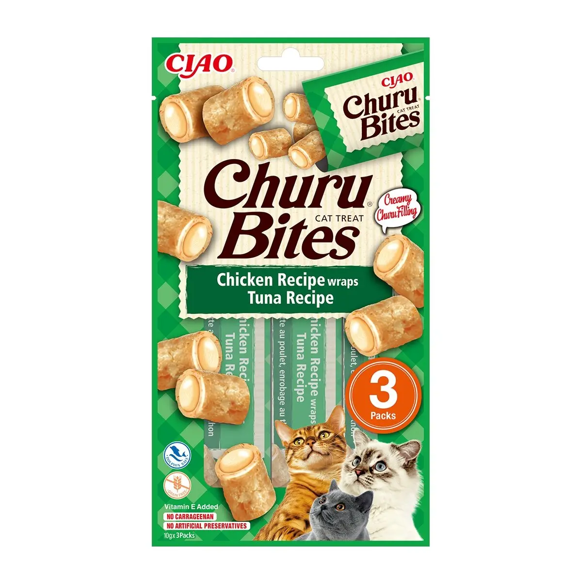 INABA CIAO Churu Bites, Pui si Ton, recompense fara cereale pisici, pernute umplute, 10g x 3 - Image 3