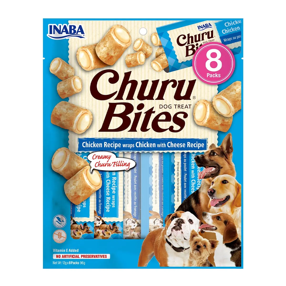 INABA Churu Bites, Pui cu Branza, recompense fara cereale caini, pernute umplute, 12g x 8