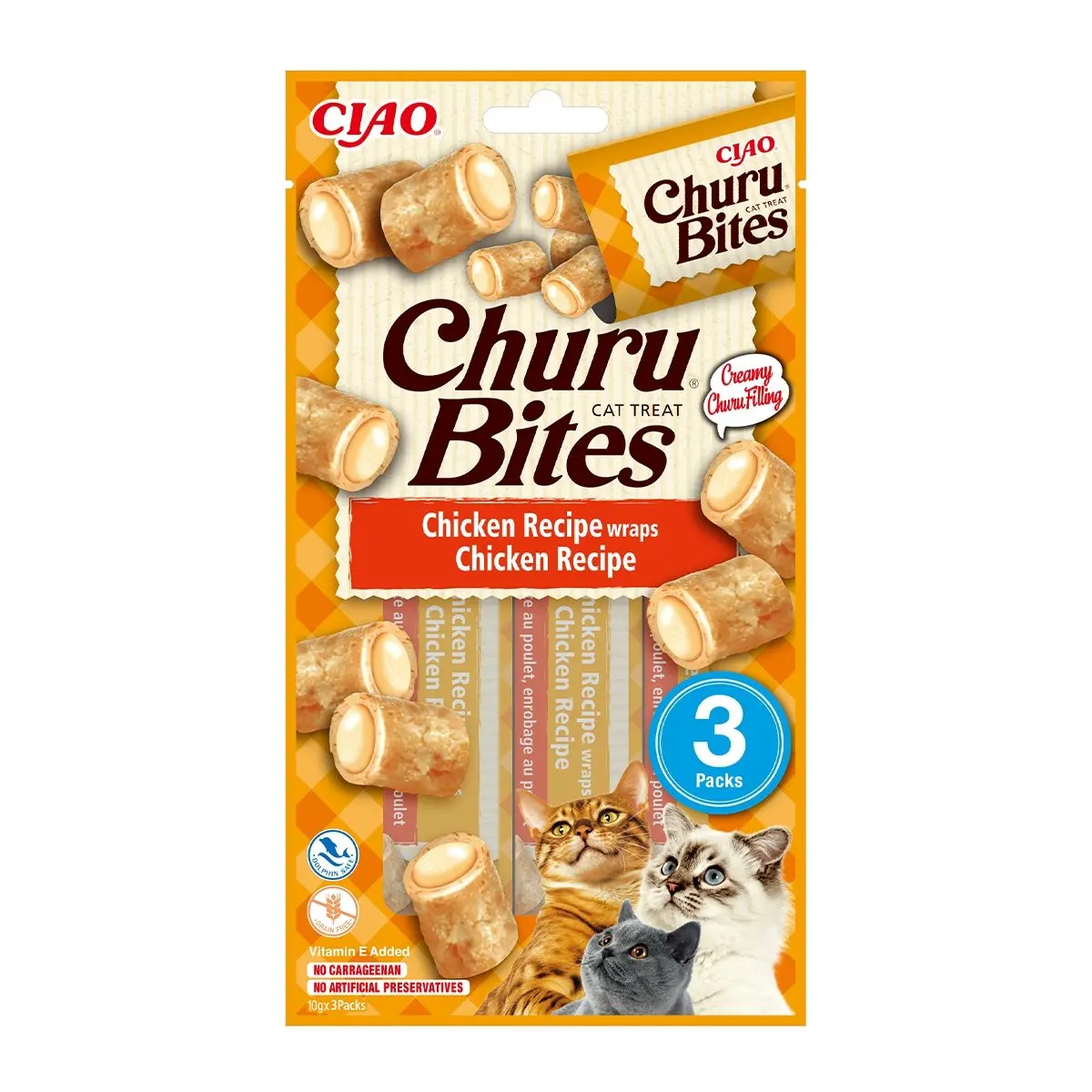 INABA CIAO Churu Bites, Pui, recompense fara cereale pisici, pernute umplute, 10g x 3