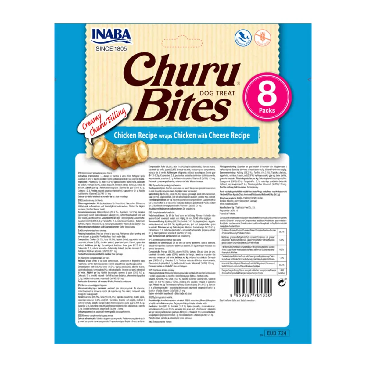 INABA Churu Bites, Pui cu Branza, recompense fara cereale caini, pernute umplute, 12g x 8 - Image 3