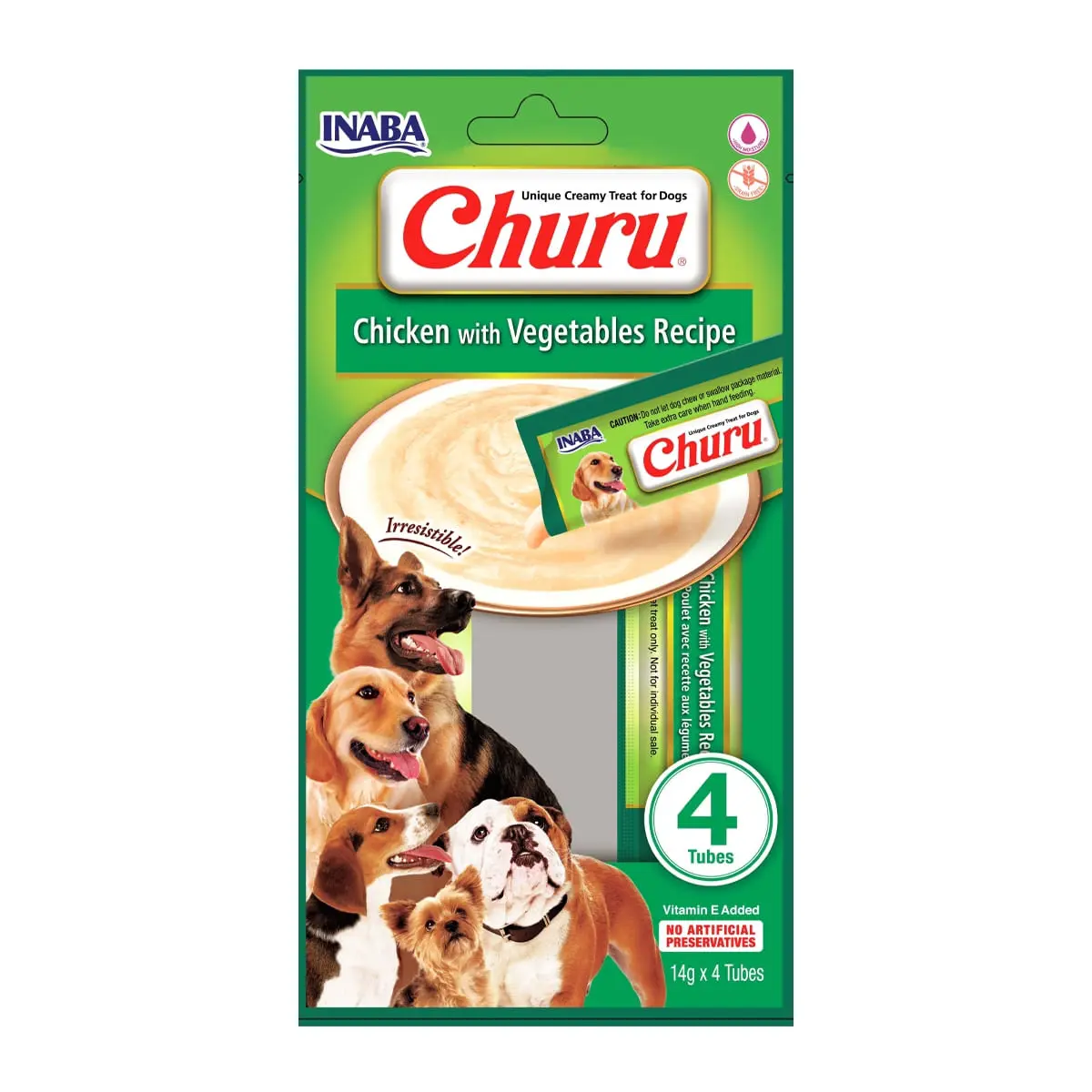 INABA Churu Dog, Pui cu Legume, recompense lichide monoproteice fara cereale caini, topping cremos, 14g x 4