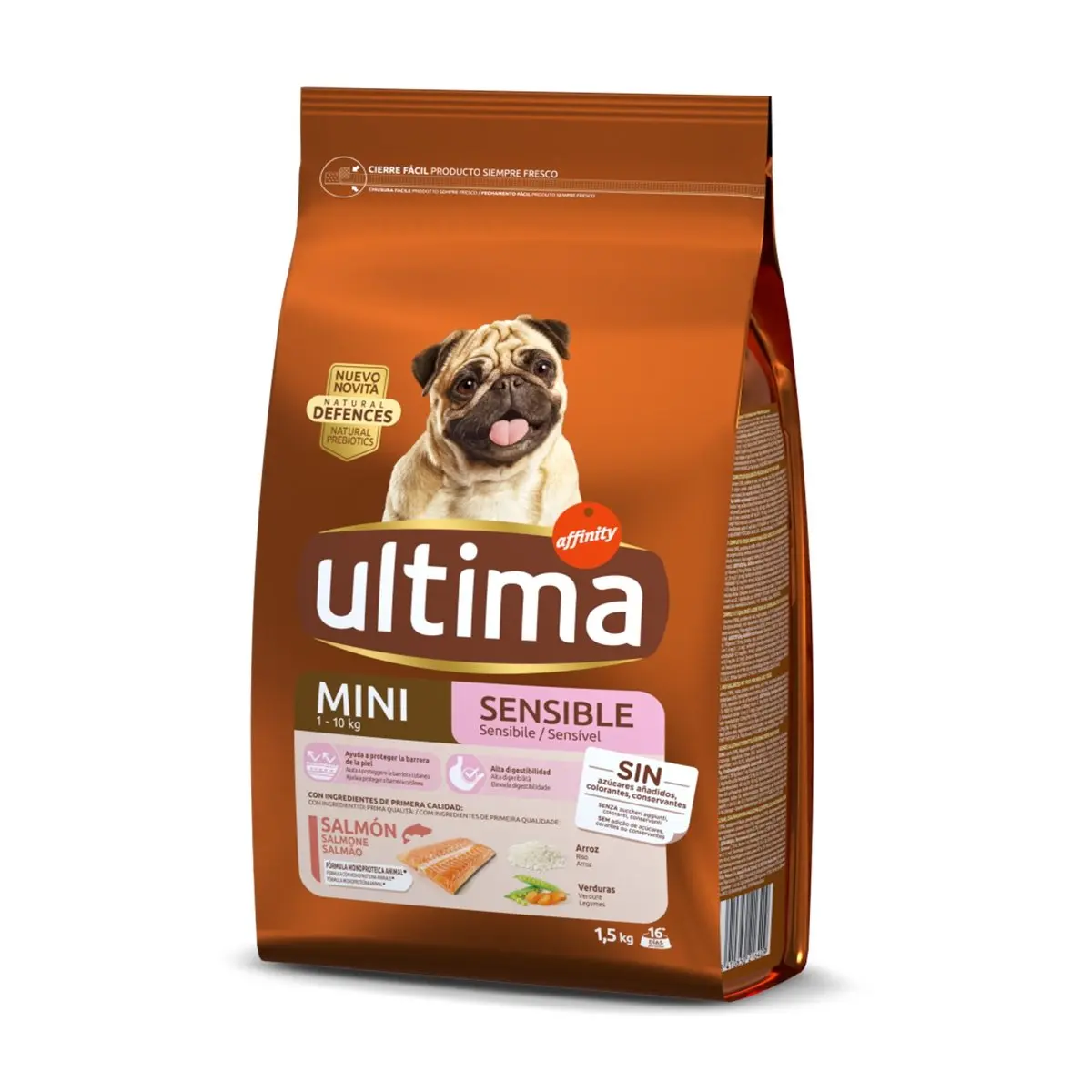 ULTIMA Dog Mini Sensitive, Somon, hrana uscata caini, confort digestiv, 1.5kg