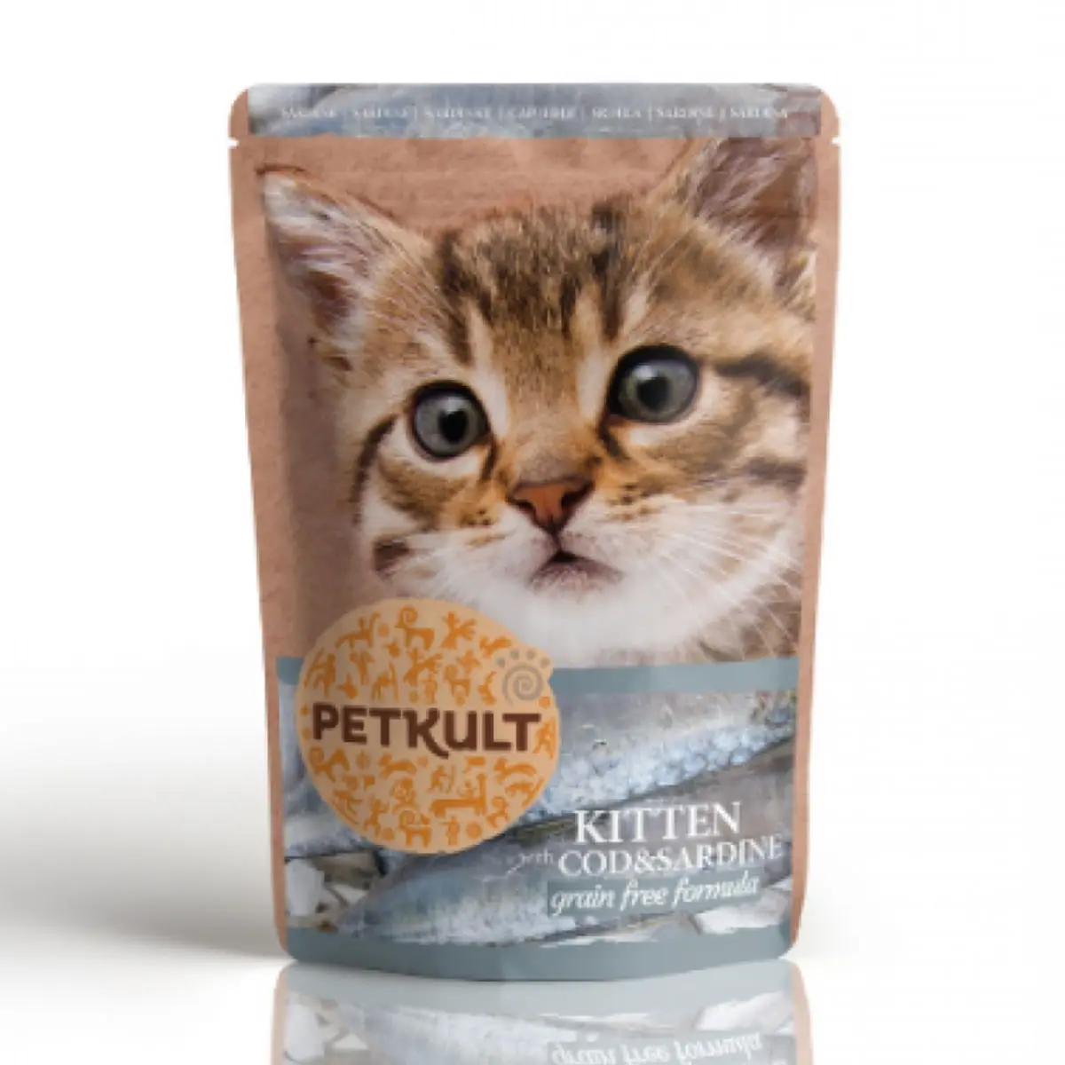 PETKULT Kitten, Cod si Sardine, plic hrana umeda fara cereale pisici junior, 100g