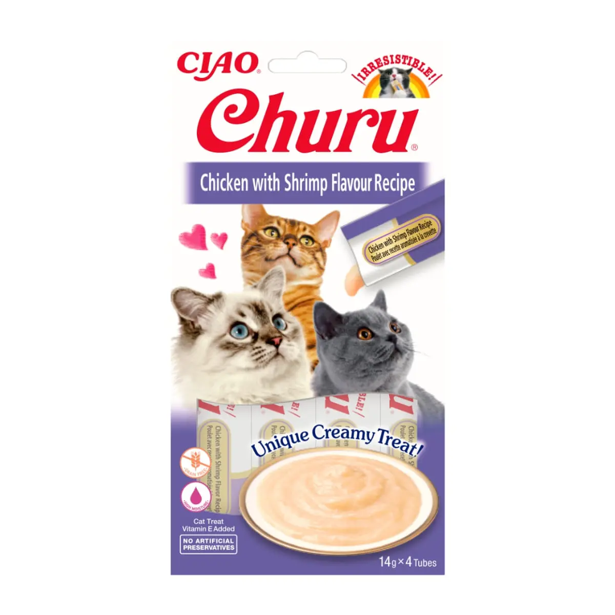 INABA CIAO Churu Piure, Pui si Creveti, recompense lichide lichide fara cereale Pisici, topping cremos, 14g x 4