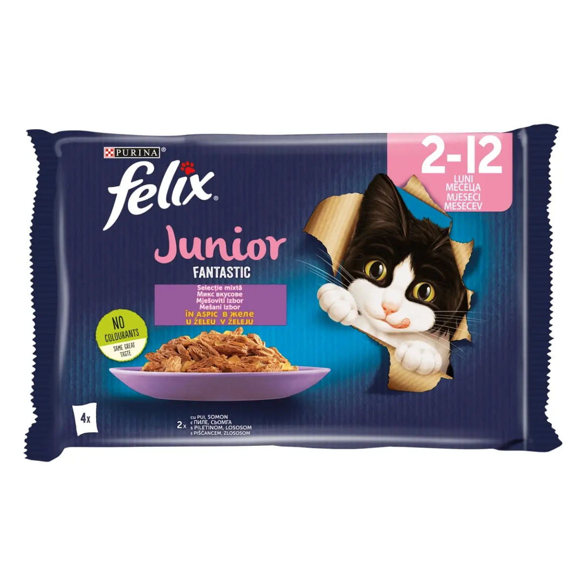 PURINA Felix Fantastic Junior, Pui, pachet mixt, plic hrana umeda pisici junior, (in aspic), 85g x 4