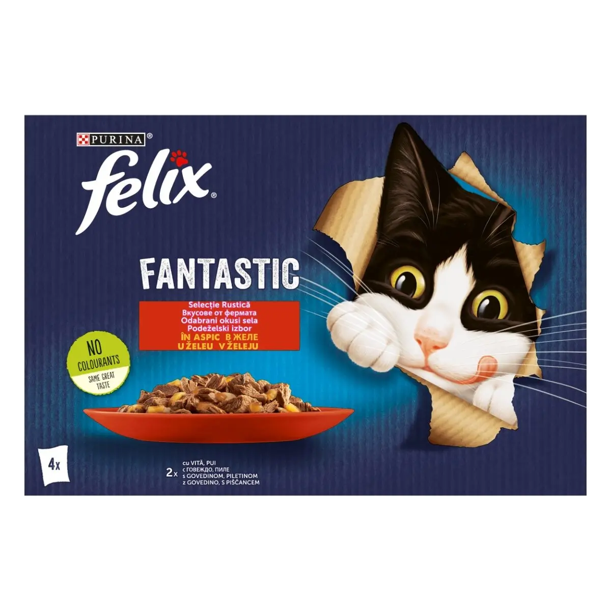 PURINA Felix Fantastic, 2 arome (Vita si Pui), pachet mixt, plic hrana umeda pisici, (in aspic), 85g x 4