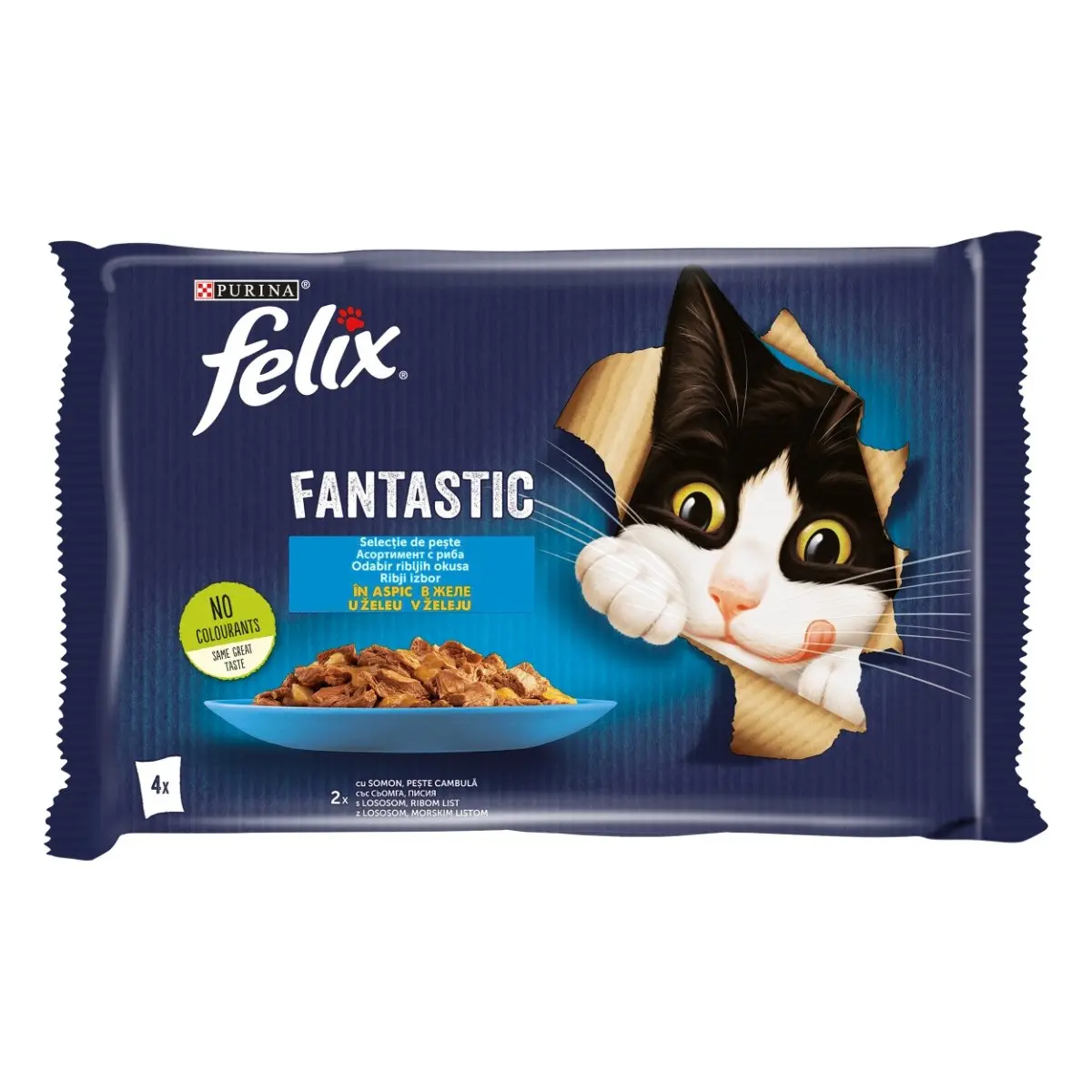 PURINA Felix Fantastic, 2 arome (Somon si Peste Cambula), pachet mixt, plic hrana umeda pisici, (in aspic), 85g x 4