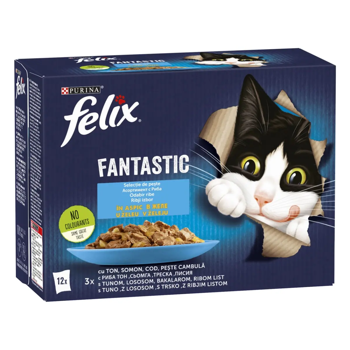 PURINA Felix Fantastic, 4 arome (Ton, Somon, Cod, Peste Cambula), pachet mixt, plic hrana umeda pisici, (in aspic), 85g x 12 - Image 2