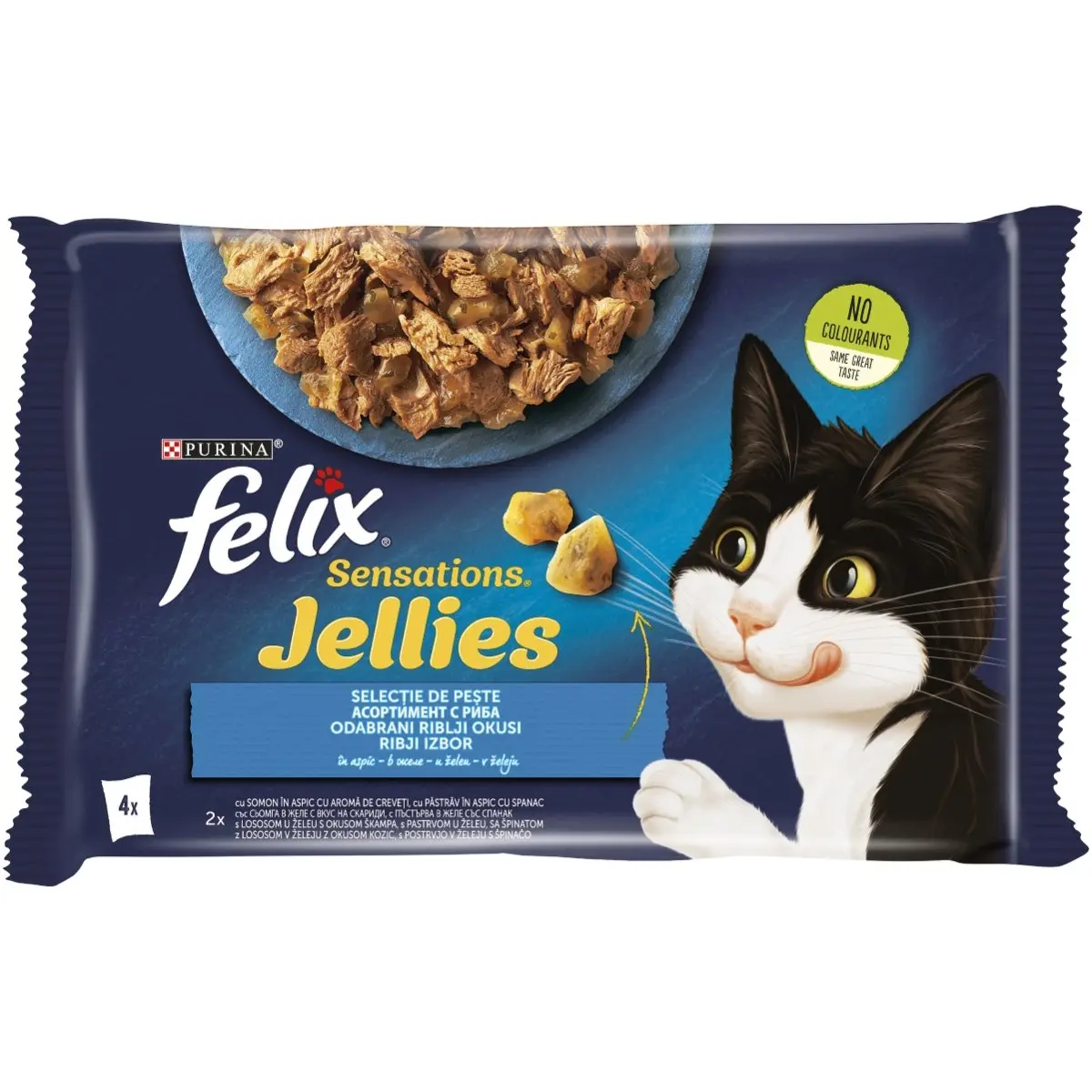 PURINA Felix Sensations, 2 arome (Somon si Pastrav), pachet mixt, plic hrana umeda pisici, (in aspic), 85g x 4