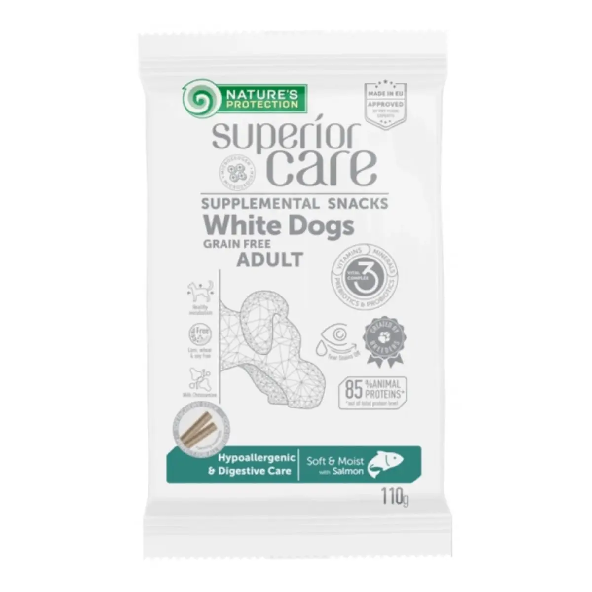 NATURES PROTECTION Superior Care blana alba, Somon, recompense functionale hipoalergenice fara cereale caini, sensibilitati digestive, 110g - Image 2