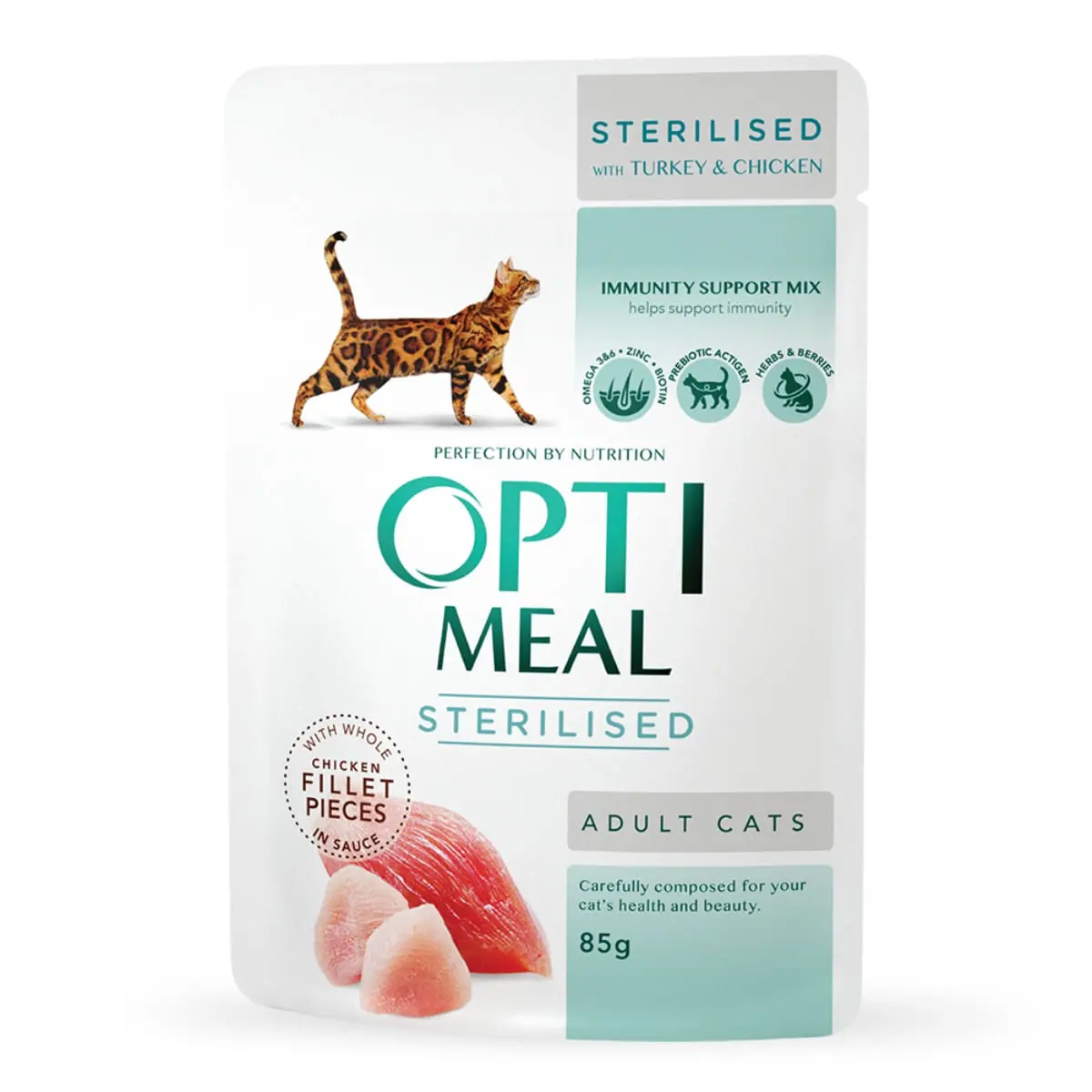 OPTIMEAL Sterilised, Pui si Curcan, hrana umeda pisici sterilizate, (in sos) OPTIMEAL Sterilised, Pui si Curcan, plic hrana umeda pisici sterilizate, (in sos), 85g