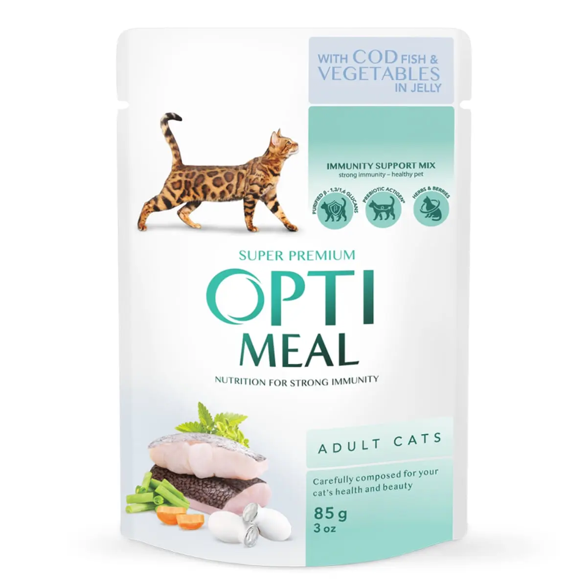 OPTIMEAL, Cod cu Legume, hrana umeda pisici, (in aspic) OPTIMEAL, Cod si Legume, plic hrana umeda pisici, (in aspic), 85g