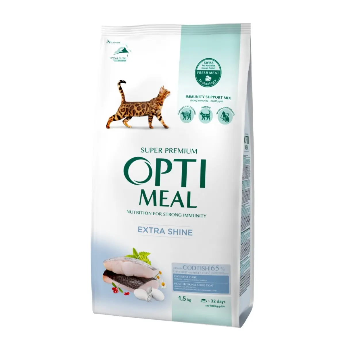 OPTIMEAL Extra Shine, Cod, hrana uscata pisici, piele si blana OPTIMEAL Extra Shine, Cod, hrana uscata pisici, piele & blana, 1.5kg