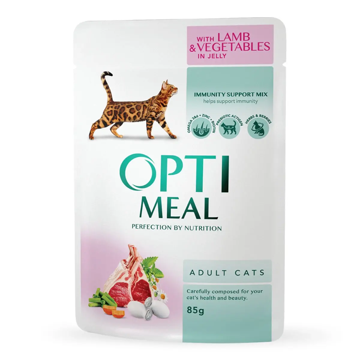 OPTIMEAL, Miel cu Legume, hrana umeda pisici, (in aspic) OPTIMEAL, Miel si Legume, plic hrana umeda pisici, (in aspic), bax, 85g x 12buc