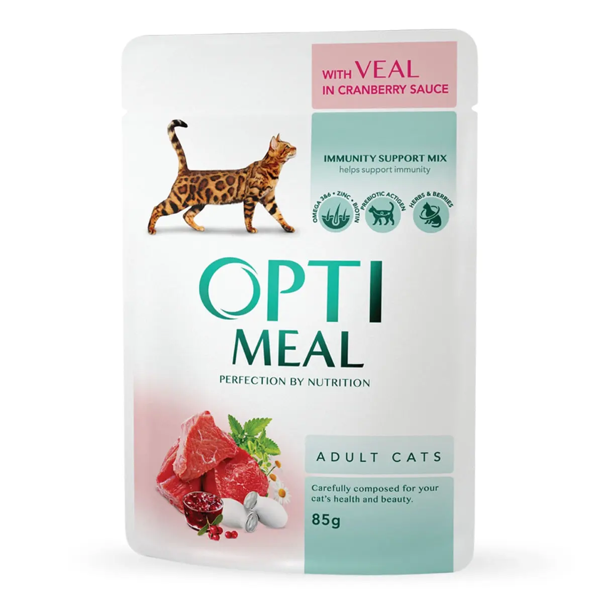 OPTIMEAL, Vita cu Merisoare, hrana umeda pisici, (in sos) OPTIMEAL, Vita, plic hrana umeda pisici, (in sos), 85g