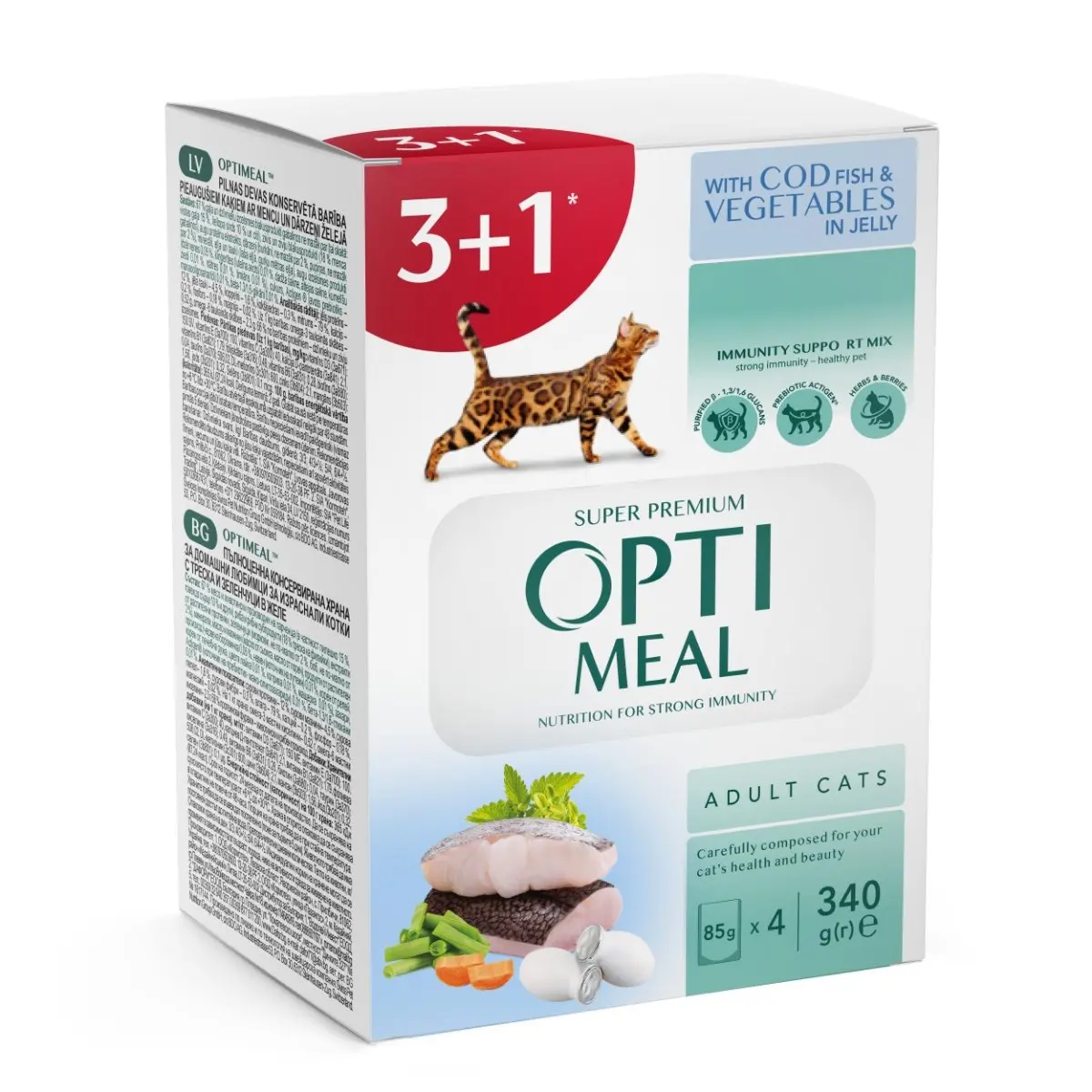 OPTIMEAL, Cod cu Legume, hrana umeda pisici, (in aspic) OPTIMEAL, Cod si Legume, plic hrana umeda pisici, (in aspic), bax, 85g x 4buc