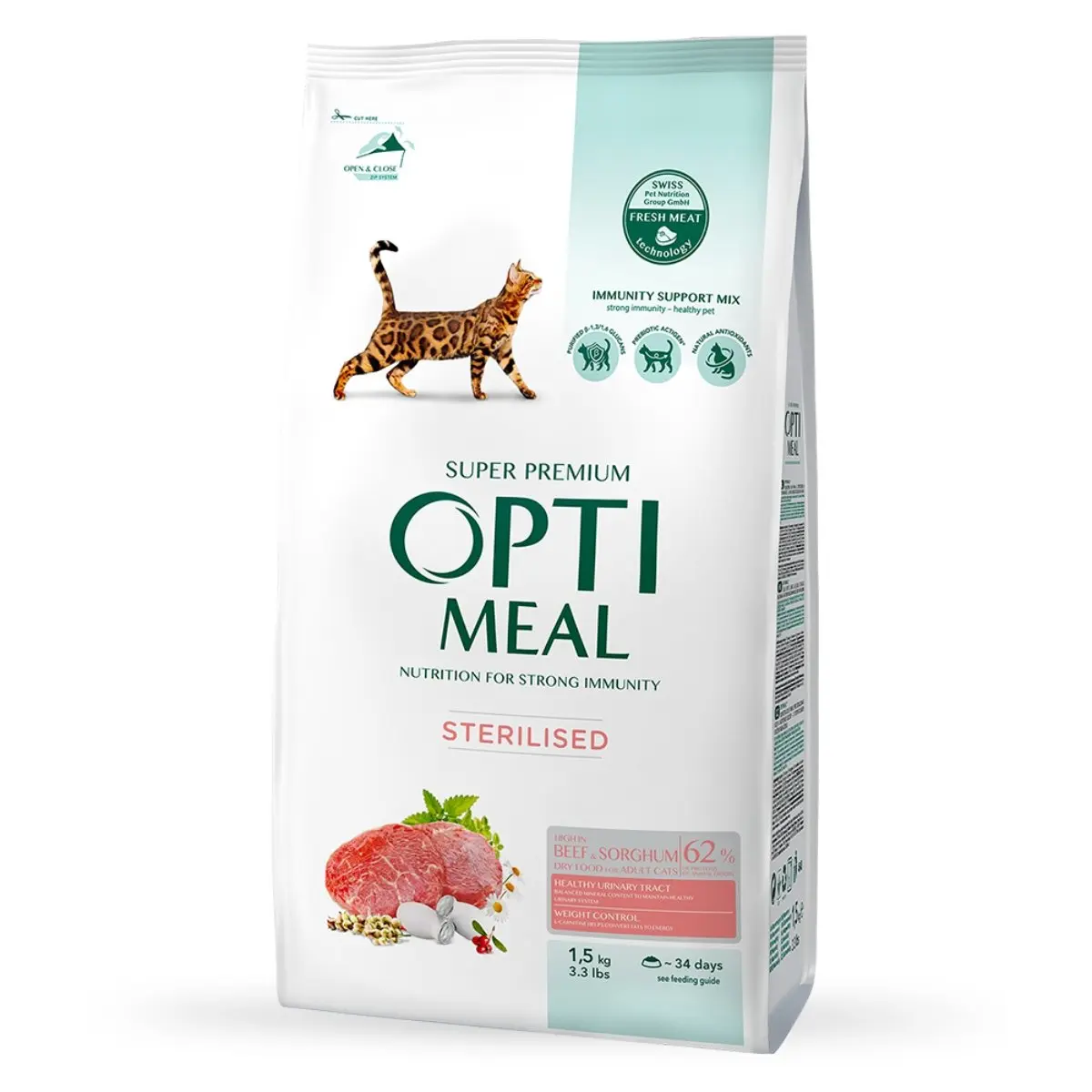 OPTIMEAL Sterilised, Vita cu Sorg, hrana uscata pisici sterilizate OPTIMEAL Sterilised, Vita, hrana uscata pisici sterilizate, 1.5kg