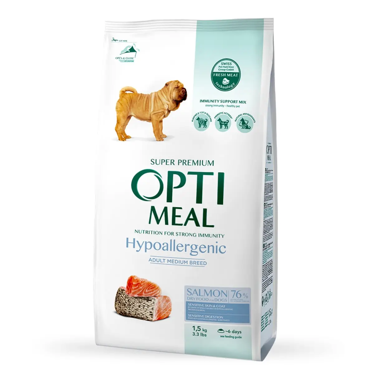 OPTIMEAL Hypoallergenic M, Somon, hrana uscata caini, sensibilitati digestive, piele si blana OPTIMEAL Hypoallergenic, M, Somon, hrana uscata caini, sistem digestiv, piele & blana, 4kg