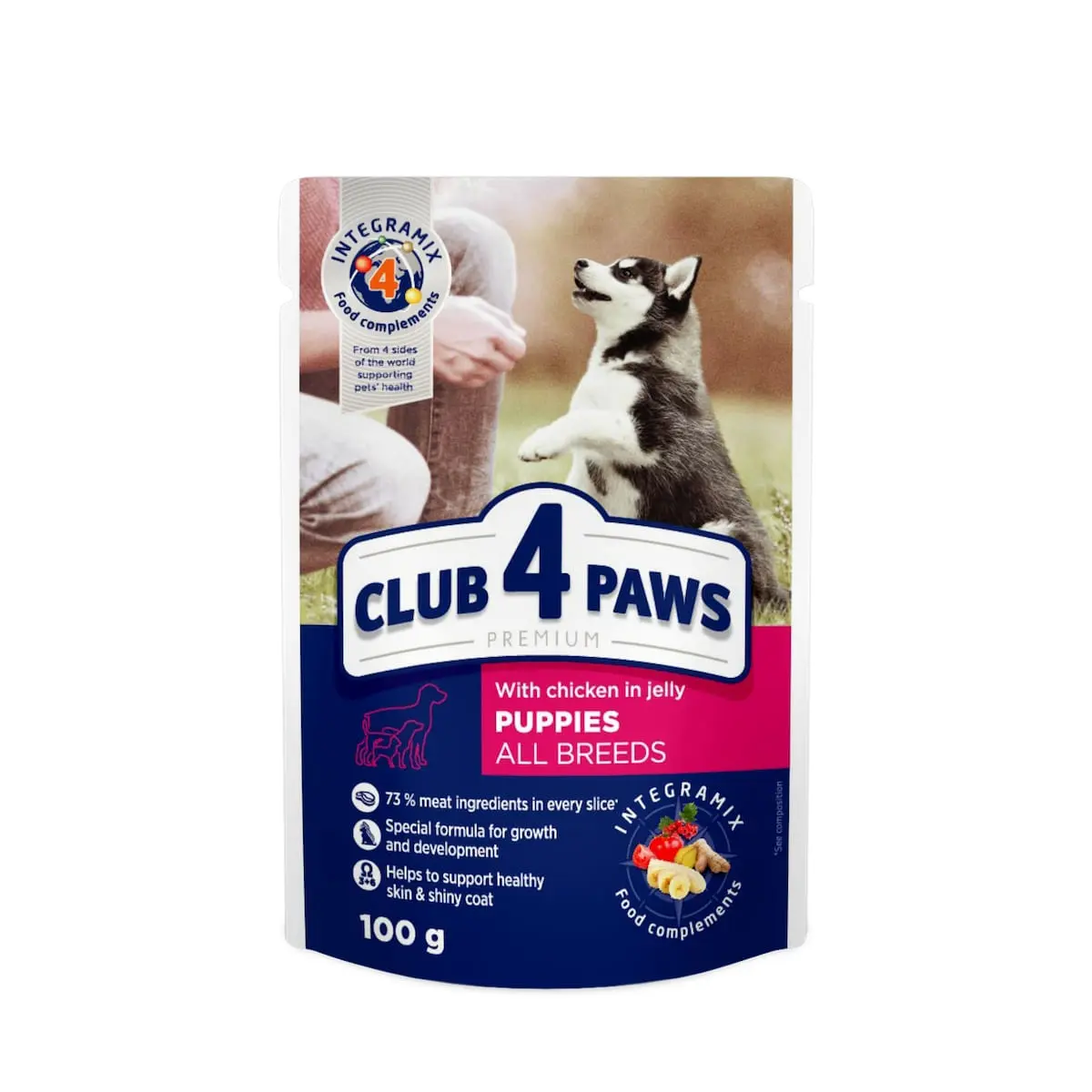 CLUB 4 PAWS Premium Puppy, Pui, hrana umeda caini junior, (in aspic) CLUB 4 PAWS Premium Junior, XS-XL, Pui, plic hrana umeda caini junior, (in aspic), 100g