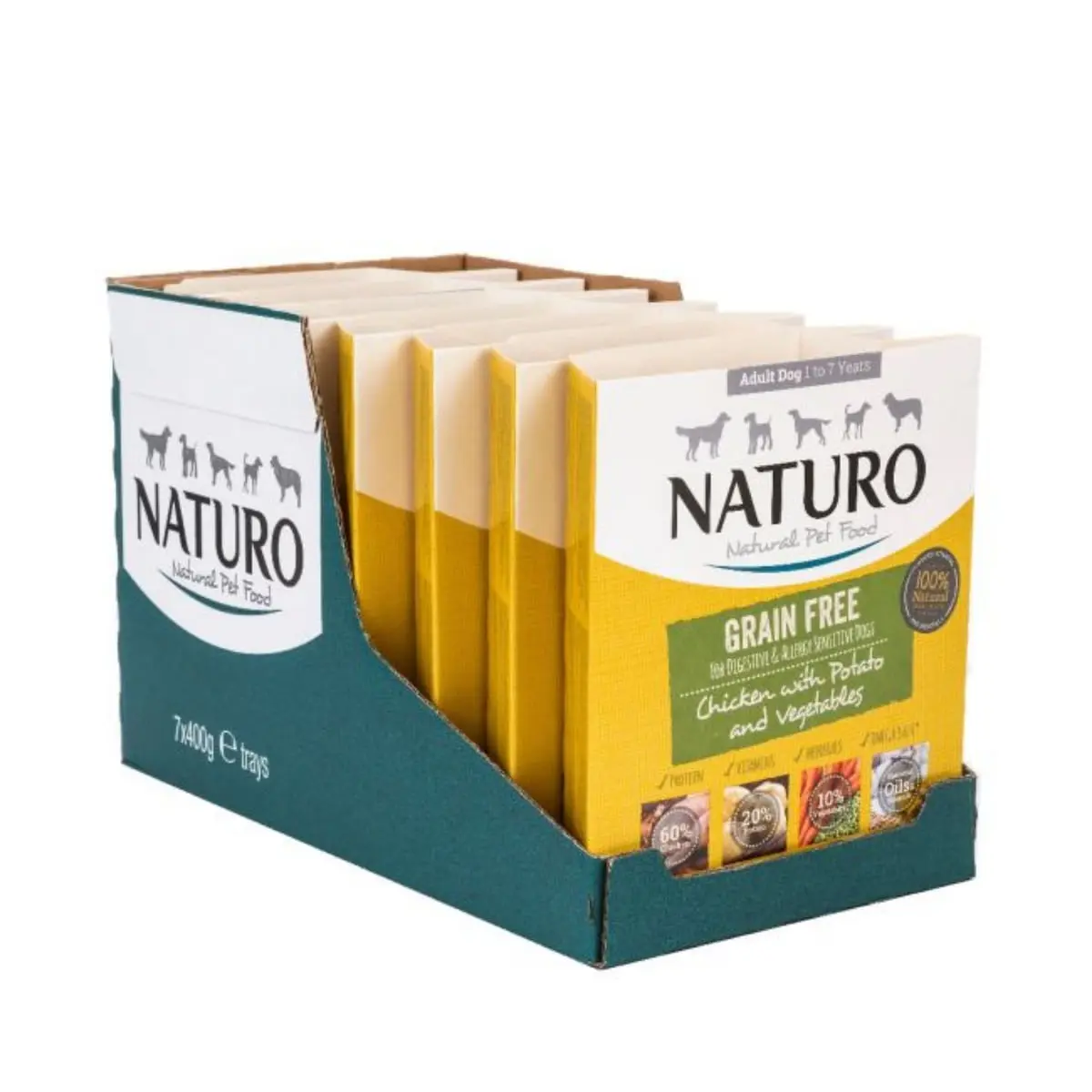 NATURO Grain Free, XS-L, Pui si Legume, tavita hrana umeda fara cereale caini, (in aspic), 400g