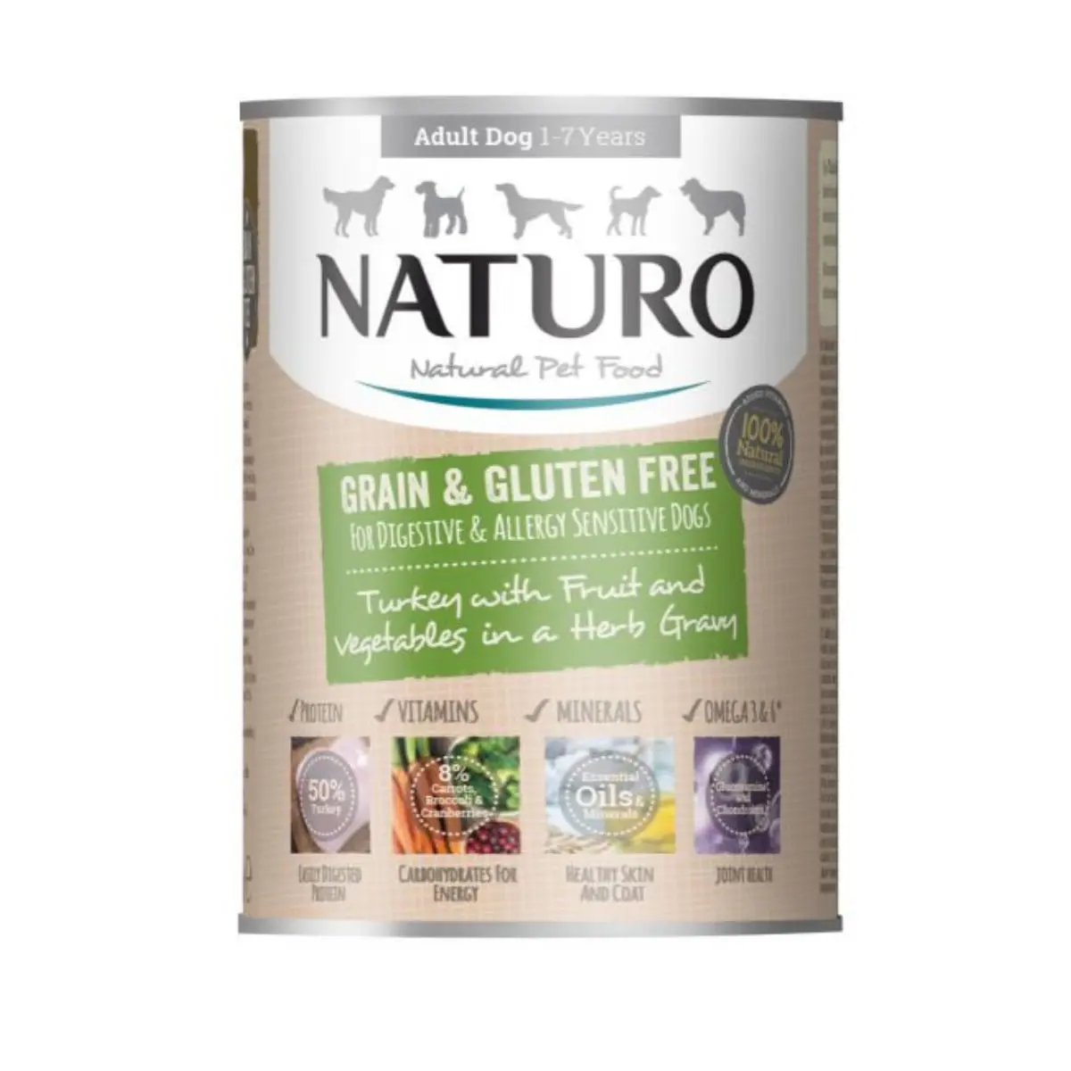 NATURO Grain Free, XS-L, Curcan si Legume, conserva hrana umeda fara cereale caini, (in sos), 390g