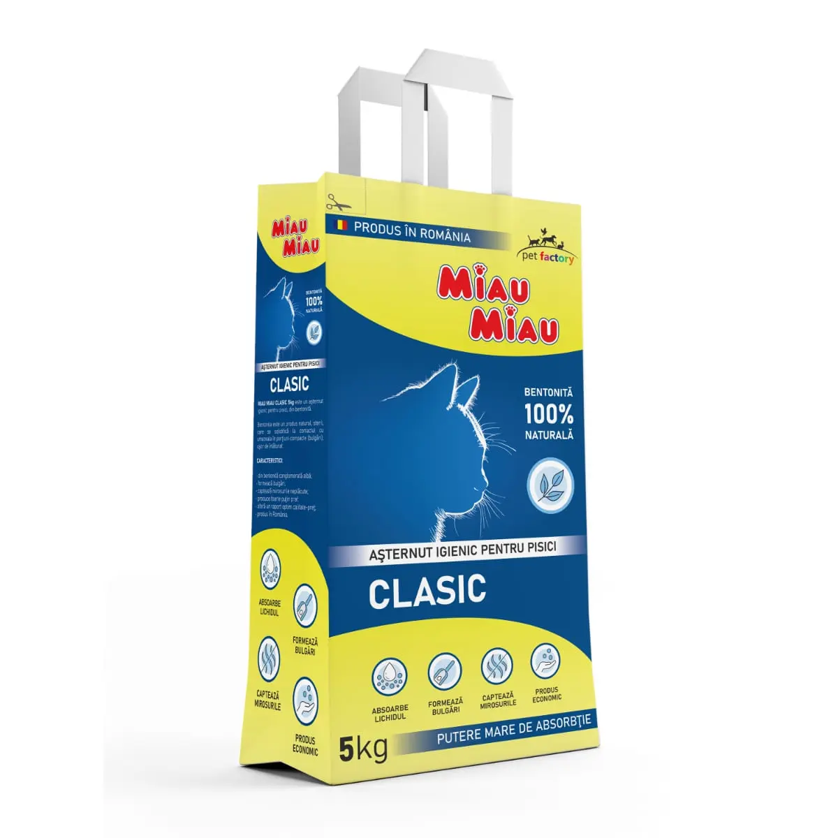 MIAU MIAU Clasic, neparfumat, asternut igienic pisici, granule, bentonita, aglomerant, neutralizare mirosuri, 5kg