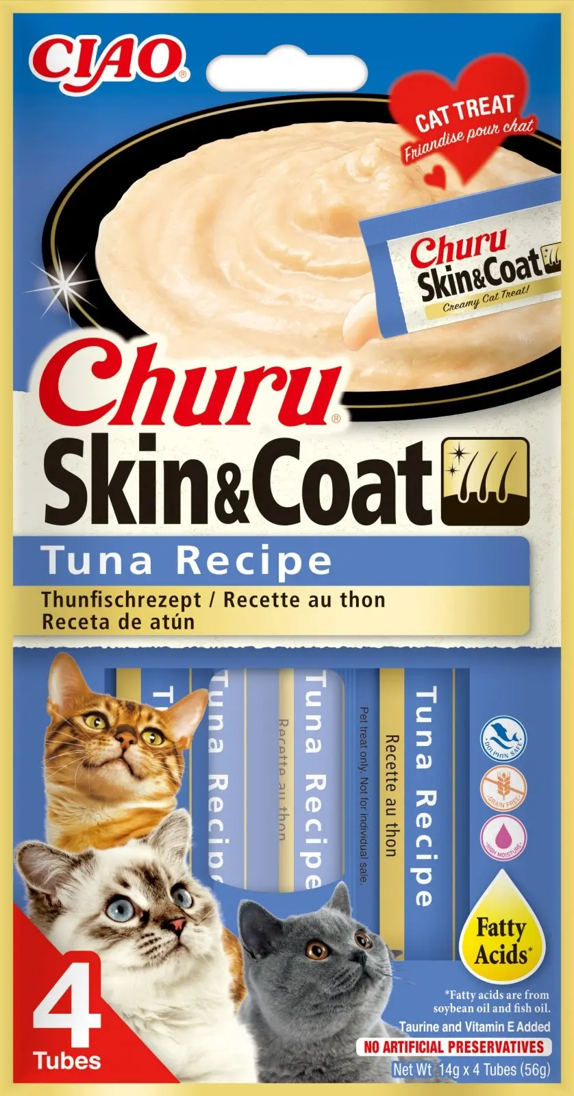 INABA Churu Skin&Coat, Ton, plic recompense functionale fara cereale pisici, piele & blana, (topping), 56g